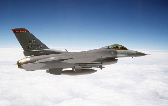 
An F-16 Fighting Falcon, a US military fixed-wing aircraft