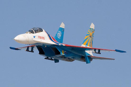 
A Sukhoi Su-27UB of the Russian Knights aerobatic team showing two vertical stabilizers