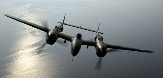 
The P-38 Lightning, a twin-engine fixed-wing aircraft with a twin-boom configuration.