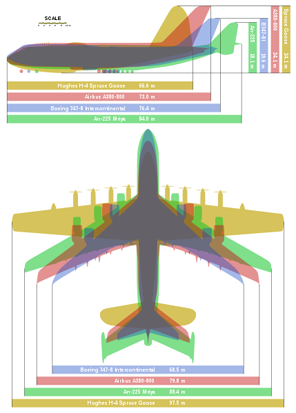 
A size comparison of some of the largest aeroplanes. The Airbus A380-800 (largest airliner), the Boeing 747-8, the Antonov An-225 (aircraft with the greatest payload) and the Hughes H-4 